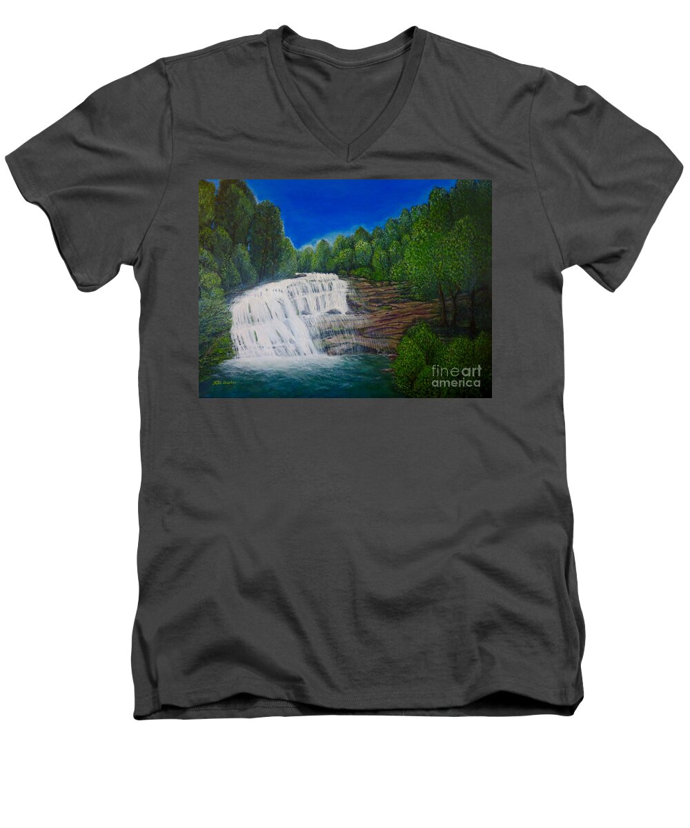 Bald River Falls Full Cascading Waterfall Blue Skies Overhead And Lined With Deciduous And Evergreen Trees On Either Side Clear Blue Green Water With White Water Pooling At Bottom Sunlight On River Rock Balance Of Cool And Warm Tones Waterfall Nature Scenes Acrylic Waterfall Painting Men's V-Neck T-Shirt featuring the painting Majestic Bald River Falls of Appalachia II by Kimberlee Baxter