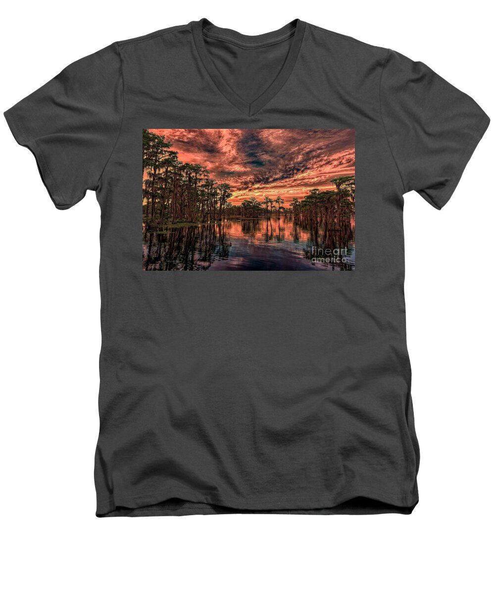 Sunsets Men's V-Neck T-Shirt featuring the photograph Majestic Cypress Paradise Sunset by DB Hayes