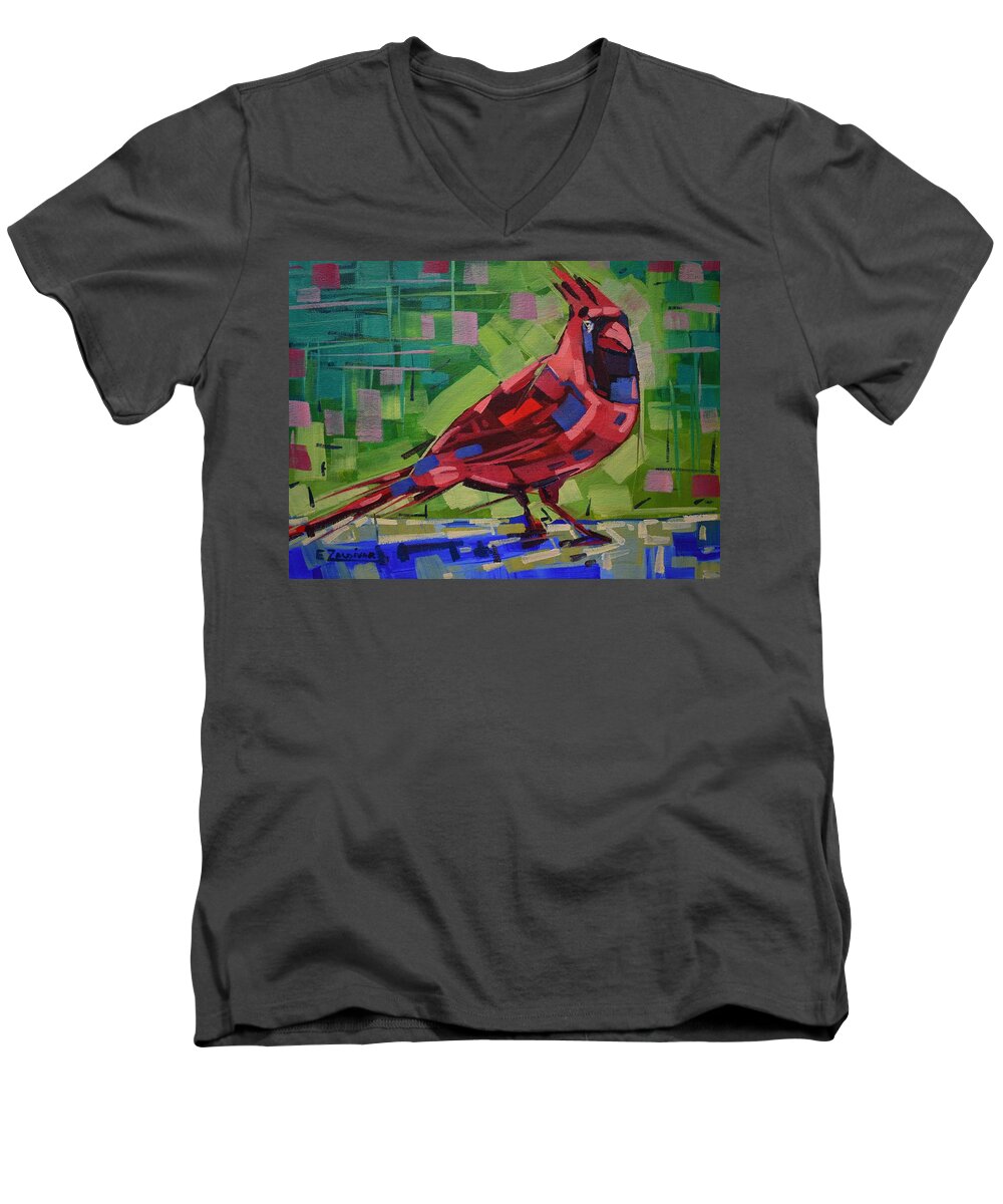 Red Bird Men's V-Neck T-Shirt featuring the painting Majestic red bird by Enrique Zaldivar