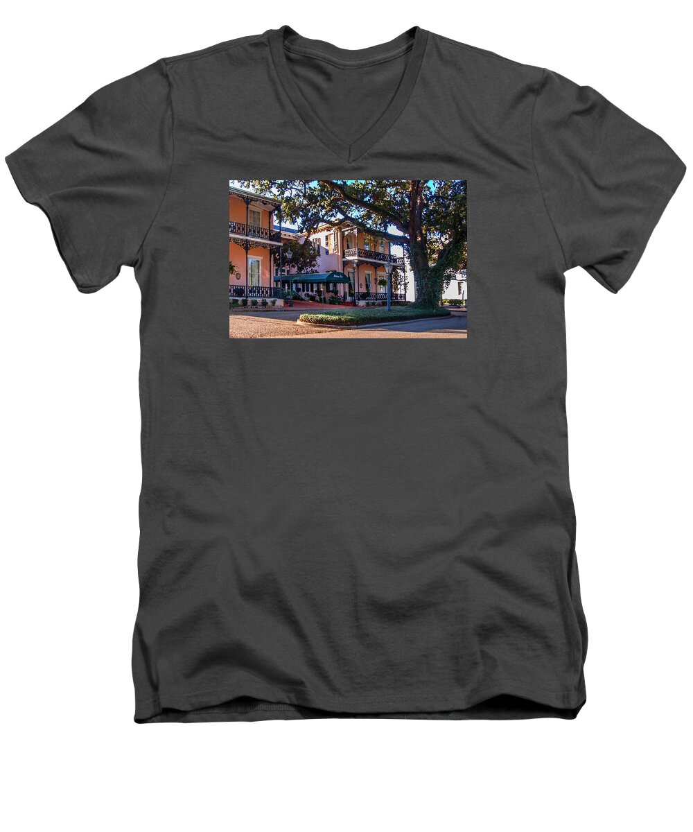 Mobile Men's V-Neck T-Shirt featuring the photograph Malaga Inn Front by Michael Thomas