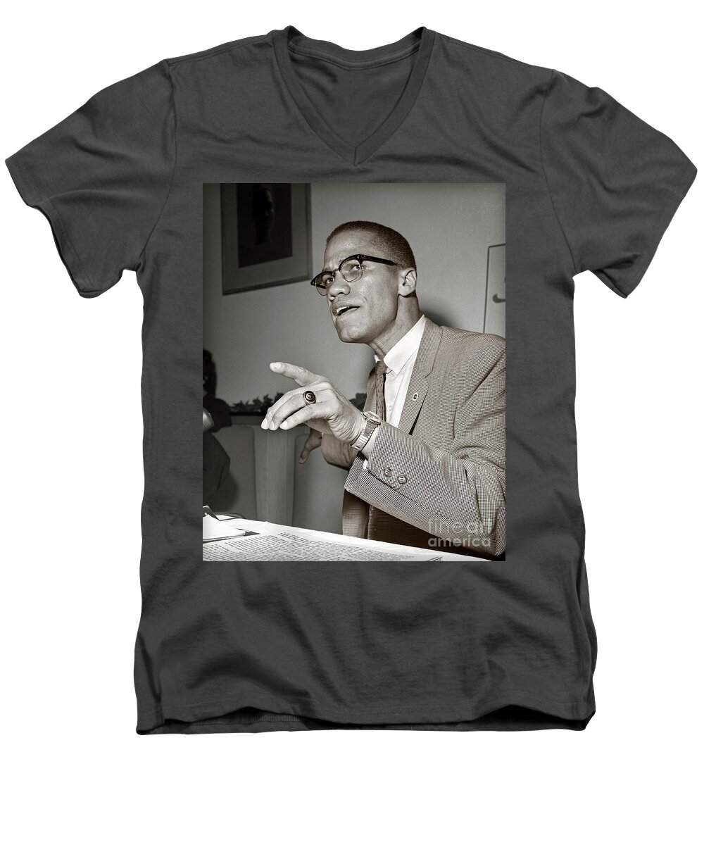 Nation Of Islam Men's V-Neck T-Shirt featuring the photograph Malcolm X by Martin Konopacki Restoration