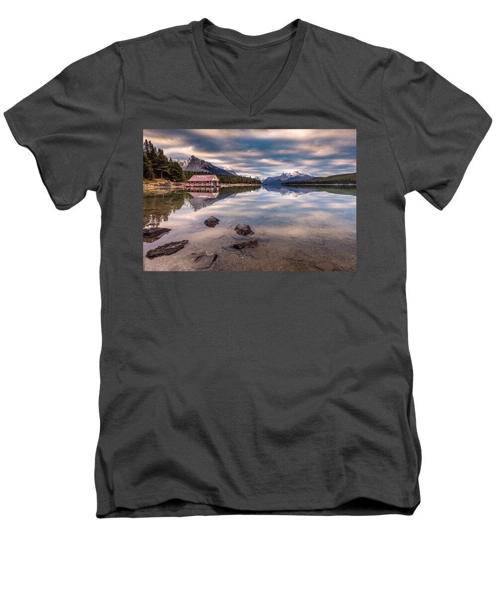 Maligne Lake Men's V-Neck T-Shirt featuring the photograph Maligne Lake Boat House sunrise by Pierre Leclerc Photography