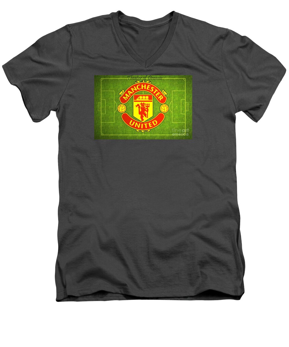 Manchester United Men's V-Neck T-Shirt featuring the digital art Manchester United Theater of Dreams Large Canvas Art, Canvas Print, Large Art, Large Wall Decor by David Millenheft