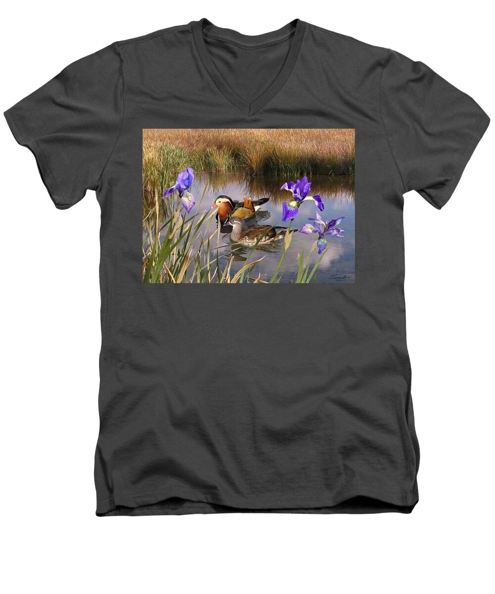 Bird Men's V-Neck T-Shirt featuring the digital art Mandarin Ducks and Wild Iris by M Spadecaller
