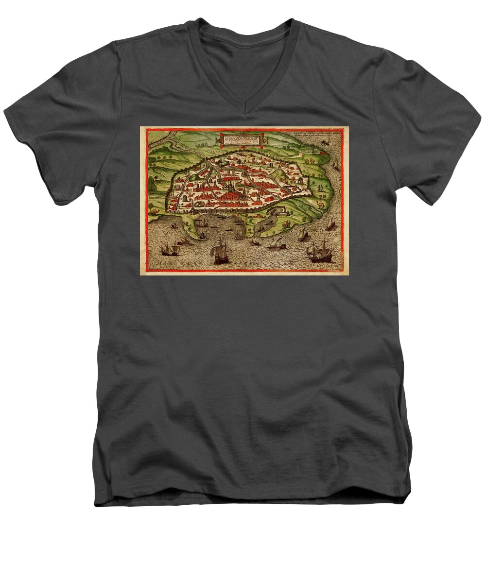 Map Of Alexandria Men's V-Neck T-Shirt featuring the photograph Map Of Alexandria 1575 by Andrew Fare