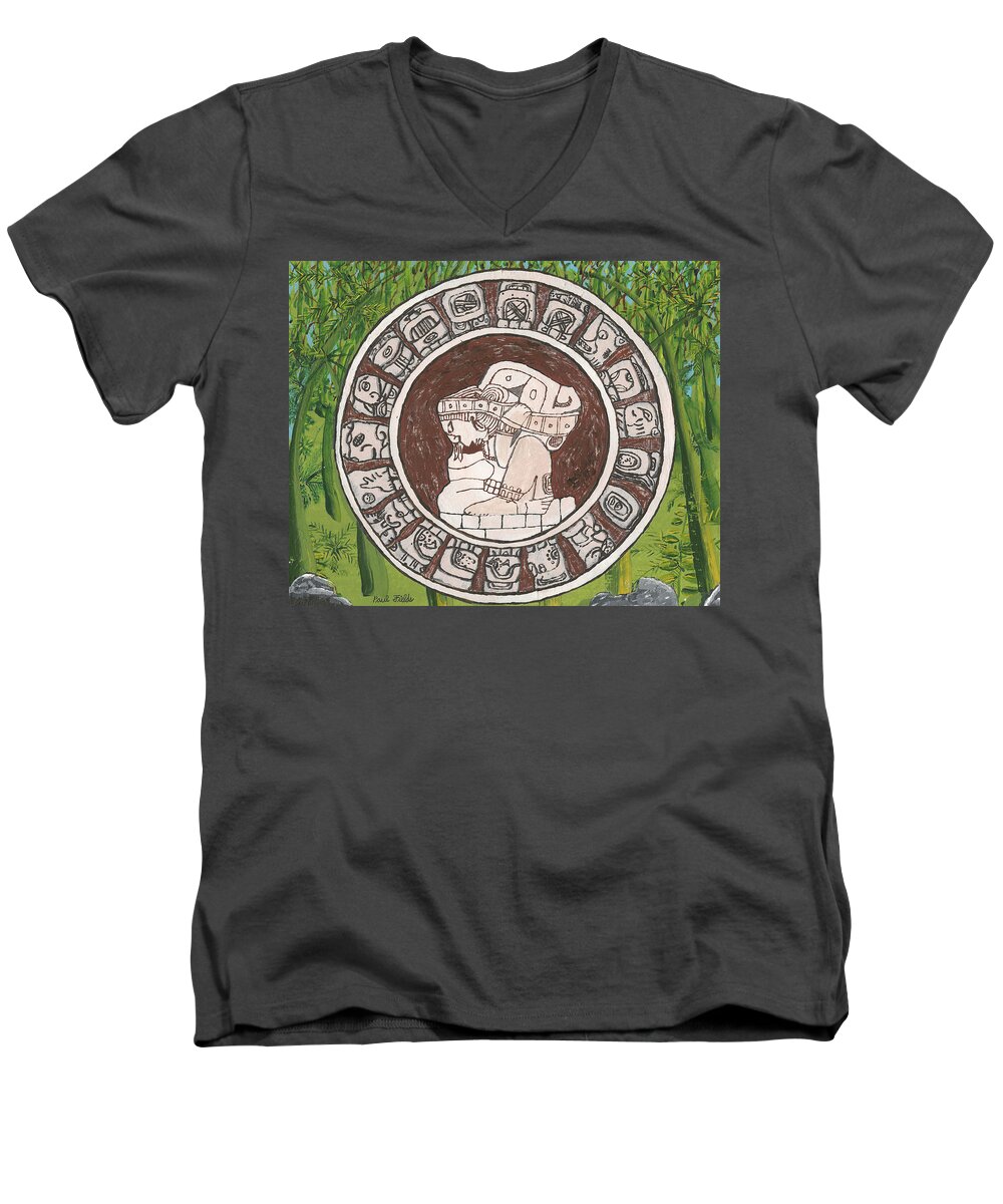 Aztec Men's V-Neck T-Shirt featuring the painting March The Mayan Calendar by Paul Fields