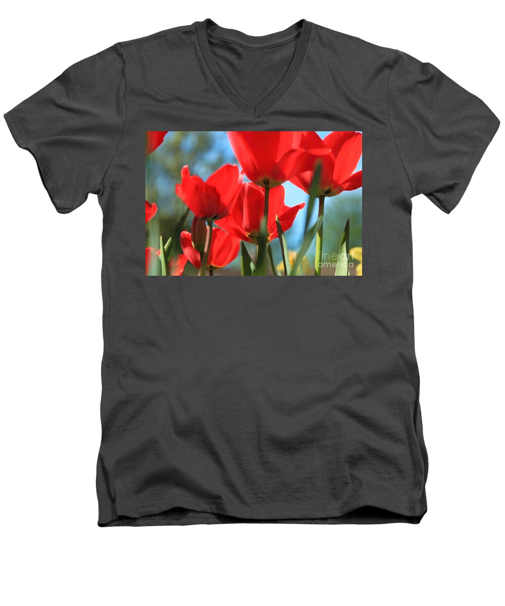 Raindrops Men's V-Neck T-Shirt featuring the photograph March Tulips by Jeanette French