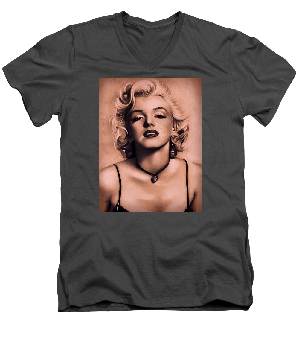 Marilyn Monroe # Norma Jeane Mortenson # Norma Jeane # Marilyn Monroe Paintings # Sex Symbols # Oil Painting Marilyn Monroe # Marilyn Monroe Painting# Movie Star # Men's V-Neck T-Shirt featuring the painting Marilyn Monroe by Louis Ferreira