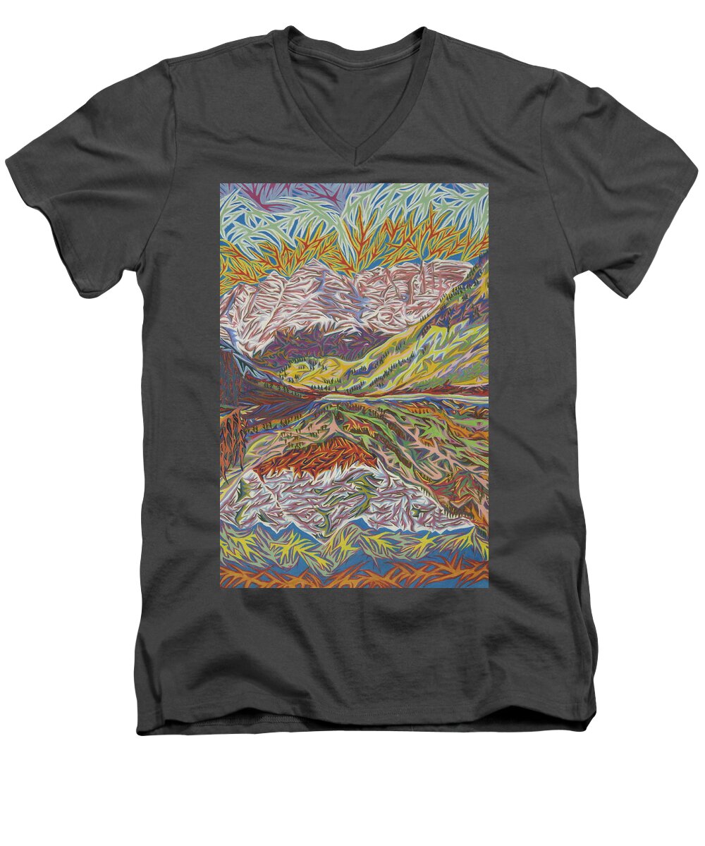 Landscape Men's V-Neck T-Shirt featuring the painting Maroon Bells by Robert SORENSEN