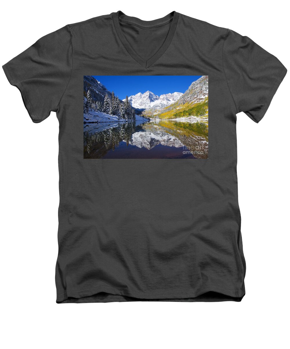 Aspen Men's V-Neck T-Shirt featuring the photograph Maroon Lake and Bells 1 by Ron Dahlquist - Printscapes