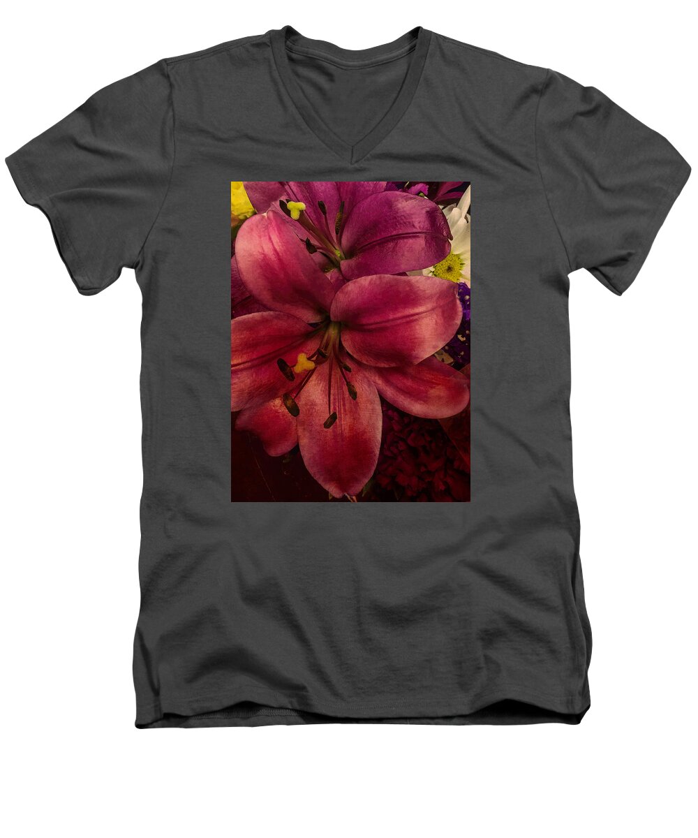 Lilly Men's V-Neck T-Shirt featuring the photograph Marsala Lily by Arlene Carmel