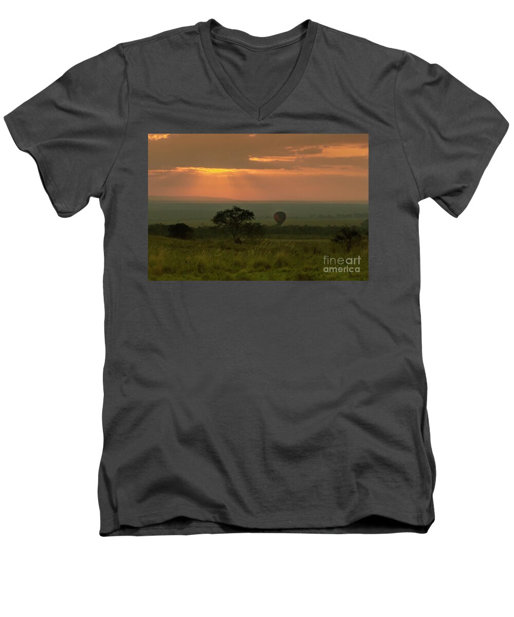 Masai Mara Men's V-Neck T-Shirt featuring the photograph Masai Mara Balloon Sunrise by Karen Lewis
