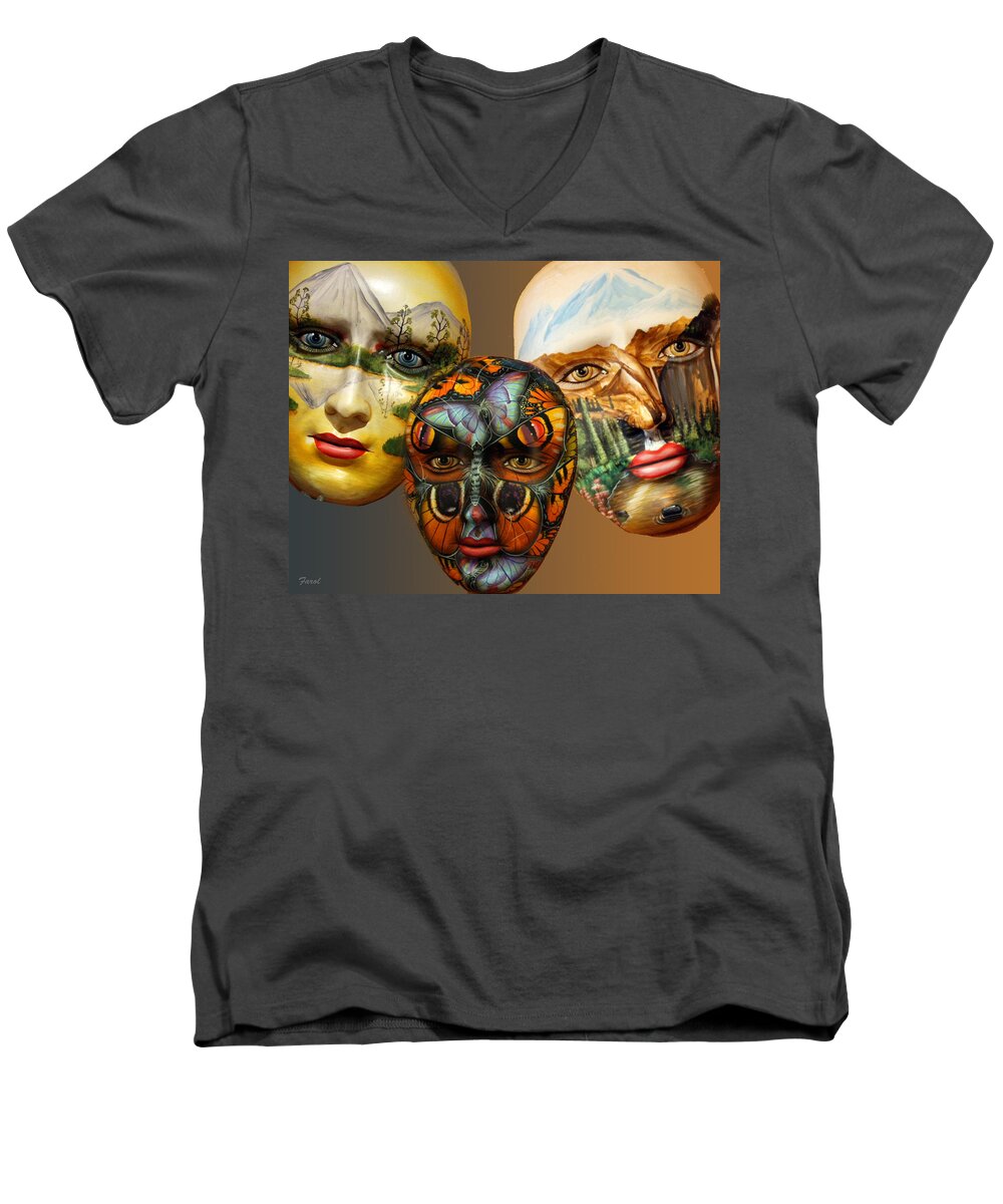 Mask Men's V-Neck T-Shirt featuring the photograph Masks on the Wall by Farol Tomson