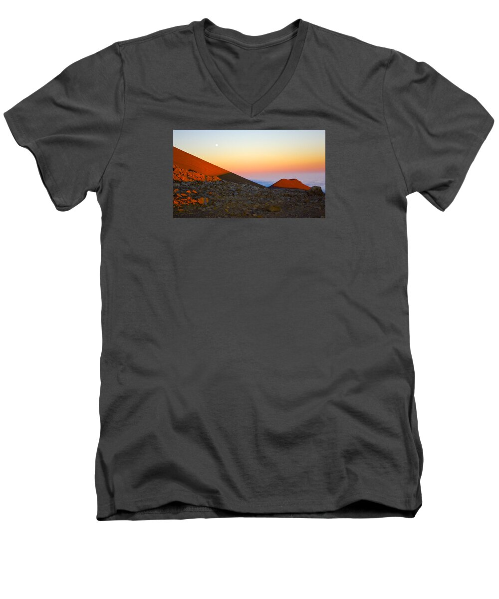 Mauna Kea Men's V-Neck T-Shirt featuring the photograph Mauna Kea Sunset with Full Moon Volcanoes National Park Hawaii by Venetia Featherstone-Witty