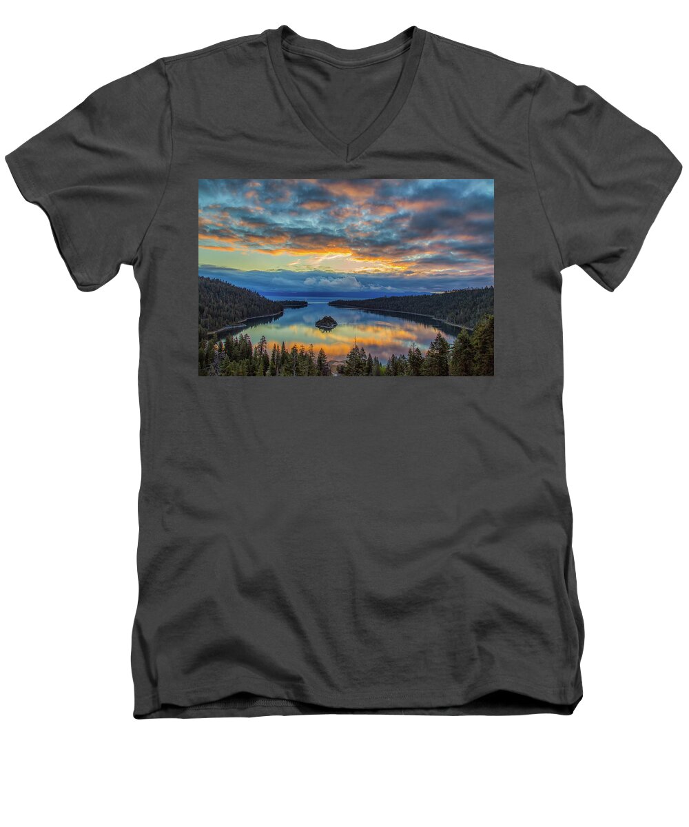 Landscape Men's V-Neck T-Shirt featuring the photograph May Sunrise at Emerald Bay by Marc Crumpler