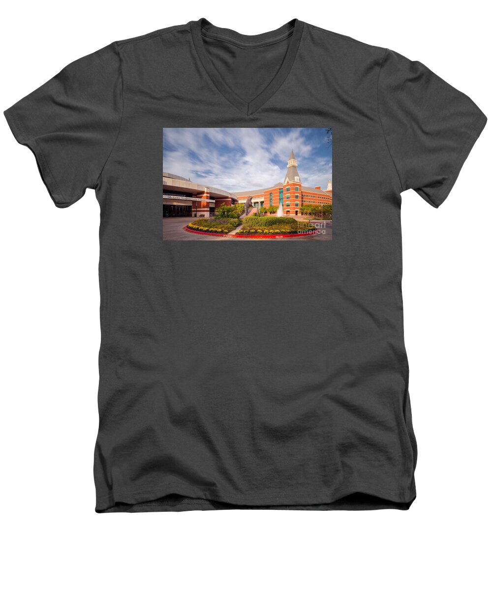 Downtown Men's V-Neck T-Shirt featuring the photograph McLane Student Life Center and Sciences Building - Baylor University - Waco Texas by Silvio Ligutti