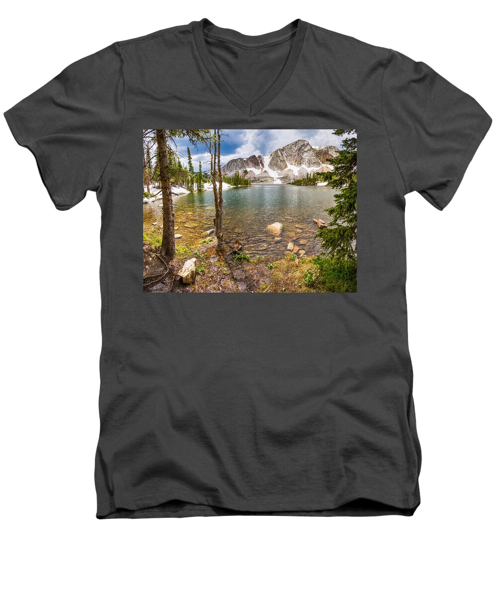 Mountain Men's V-Neck T-Shirt featuring the photograph Medicine Bow Snowy Mountain Range Lake View by James BO Insogna