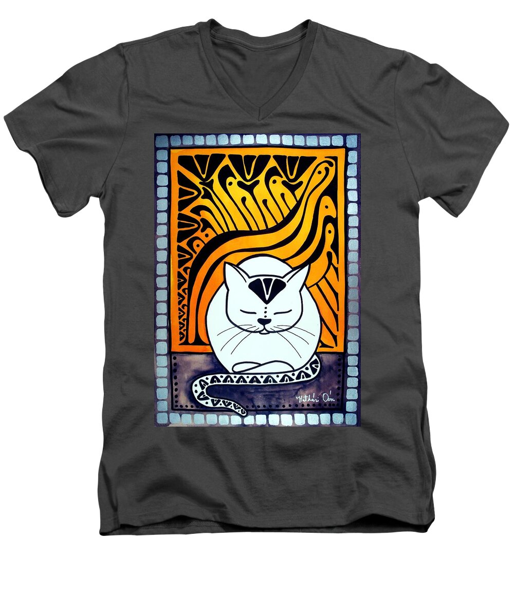 Cats Men's V-Neck T-Shirt featuring the painting Meditation - Cat Art by Dora Hathazi Mendes by Dora Hathazi Mendes