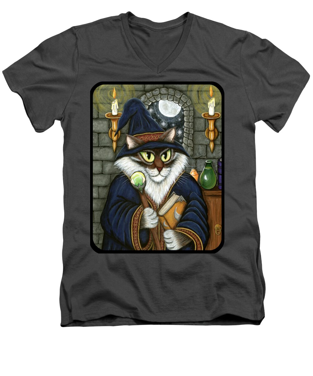 Merlin Men's V-Neck T-Shirt featuring the painting Merlin The Magician Cat - Wizard Cat by Carrie Hawks