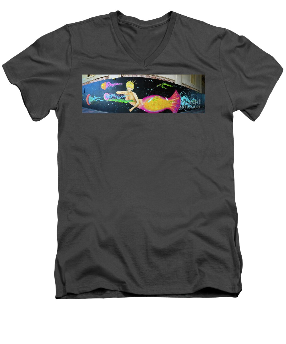 Asbury Park Men's V-Neck T-Shirt featuring the photograph Mermaid and Jellyfish Panoramic by Colleen Kammerer