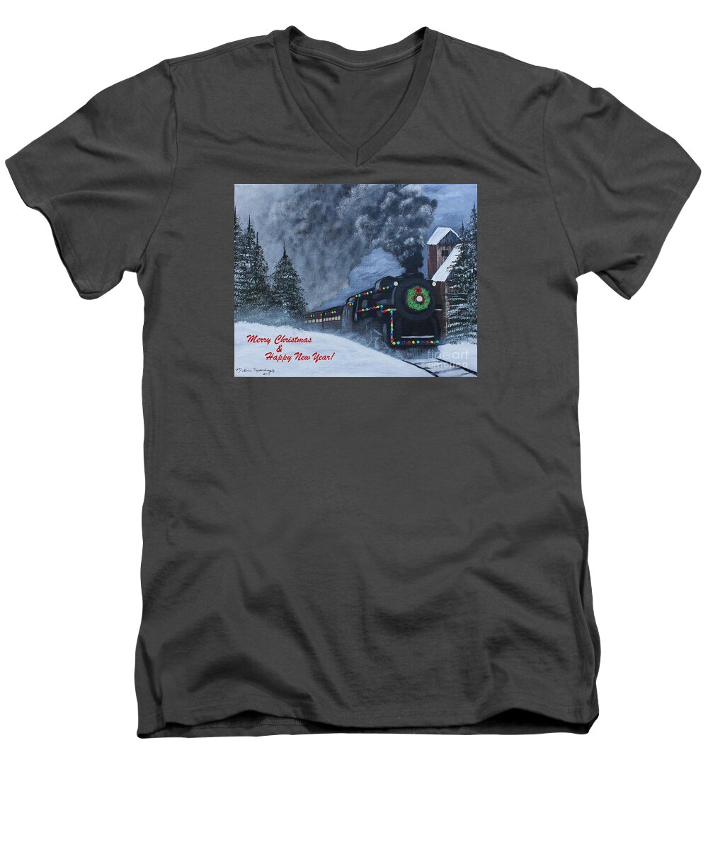 Christmas Card Men's V-Neck T-Shirt featuring the painting Merry Christmas Train by Melissa Toppenberg