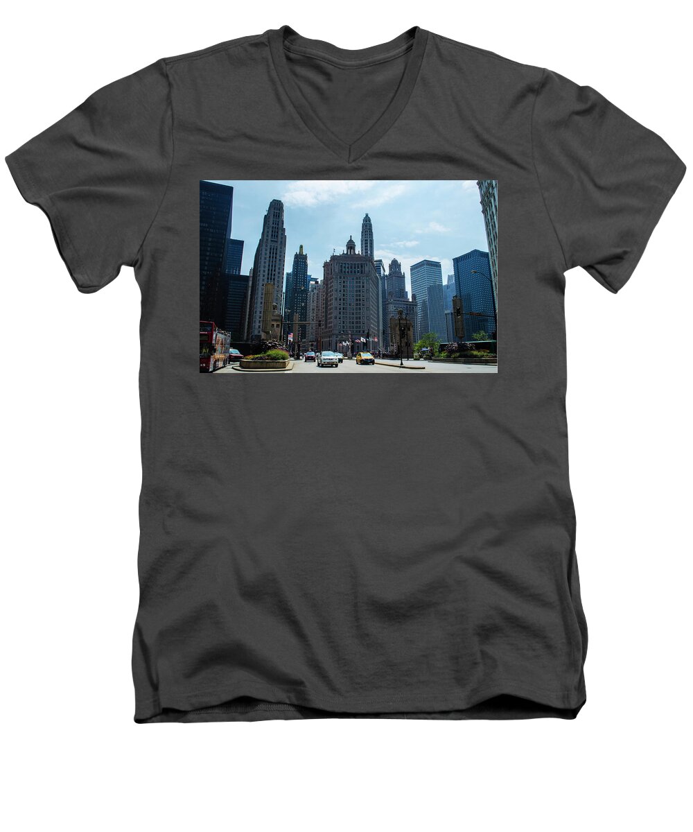 Chicago Men's V-Neck T-Shirt featuring the photograph Michigan Avenue Bridge and Skyline Chicago by Deborah Smolinske