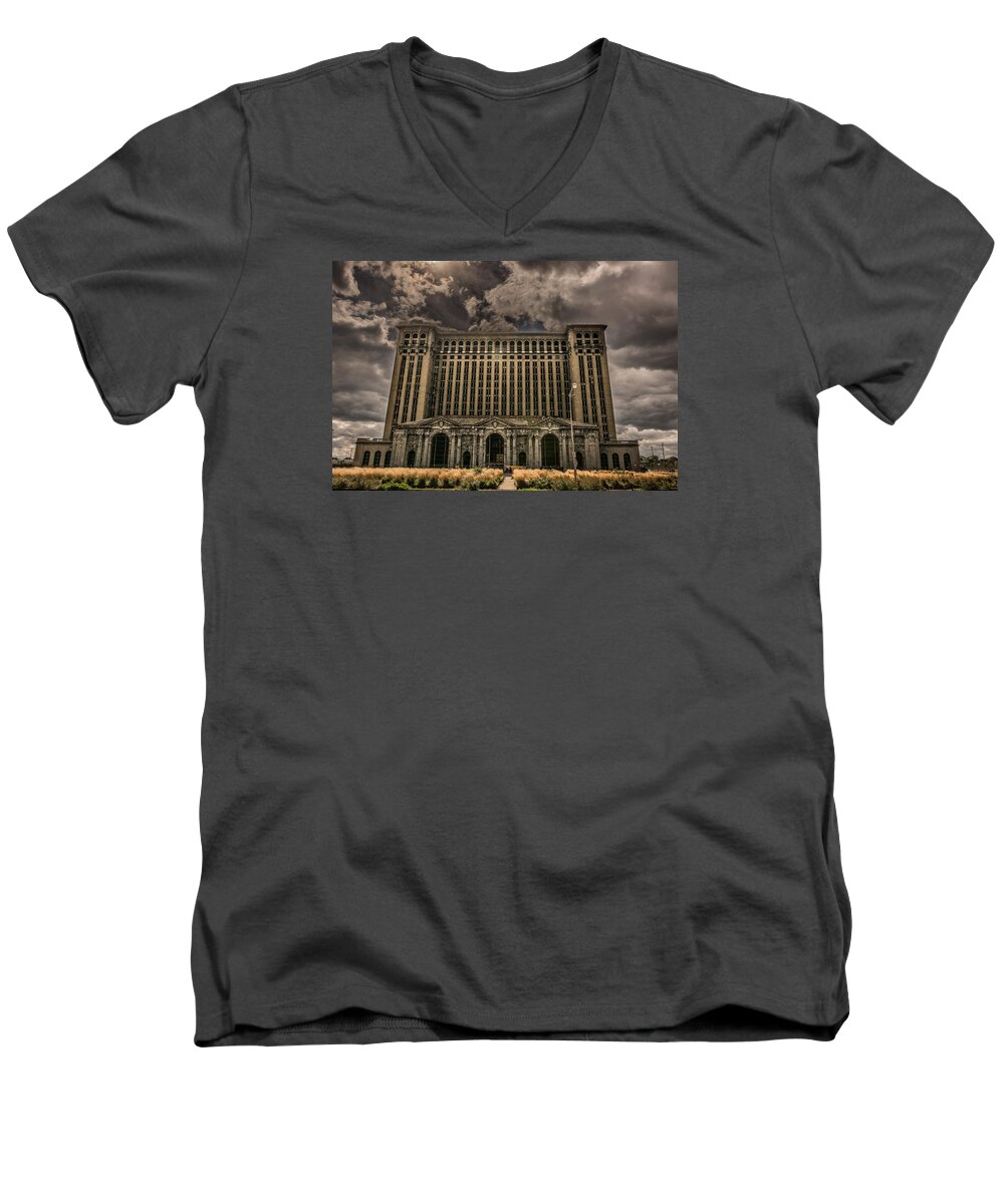 Michigan Men's V-Neck T-Shirt featuring the photograph Michigan Central Station by Pravin Sitaraman