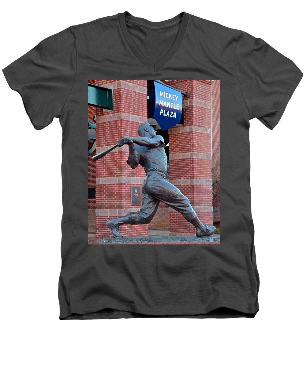 Mickey Men's V-Neck T-Shirt featuring the photograph Mickey Mantle by Frozen in Time Fine Art Photography