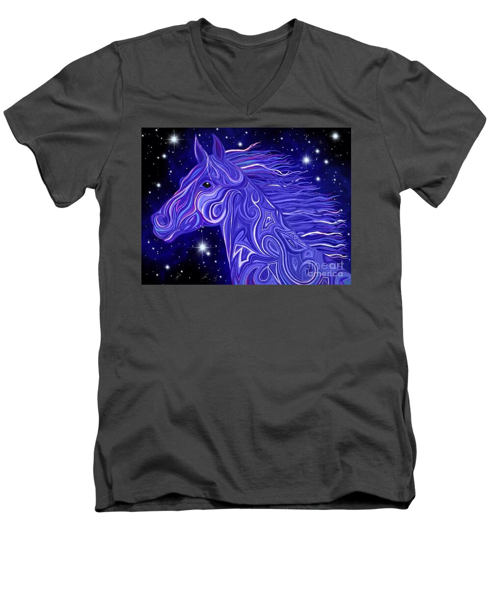 Mustang Men's V-Neck T-Shirt featuring the drawing Midnight Blue Mustang by Nick Gustafson