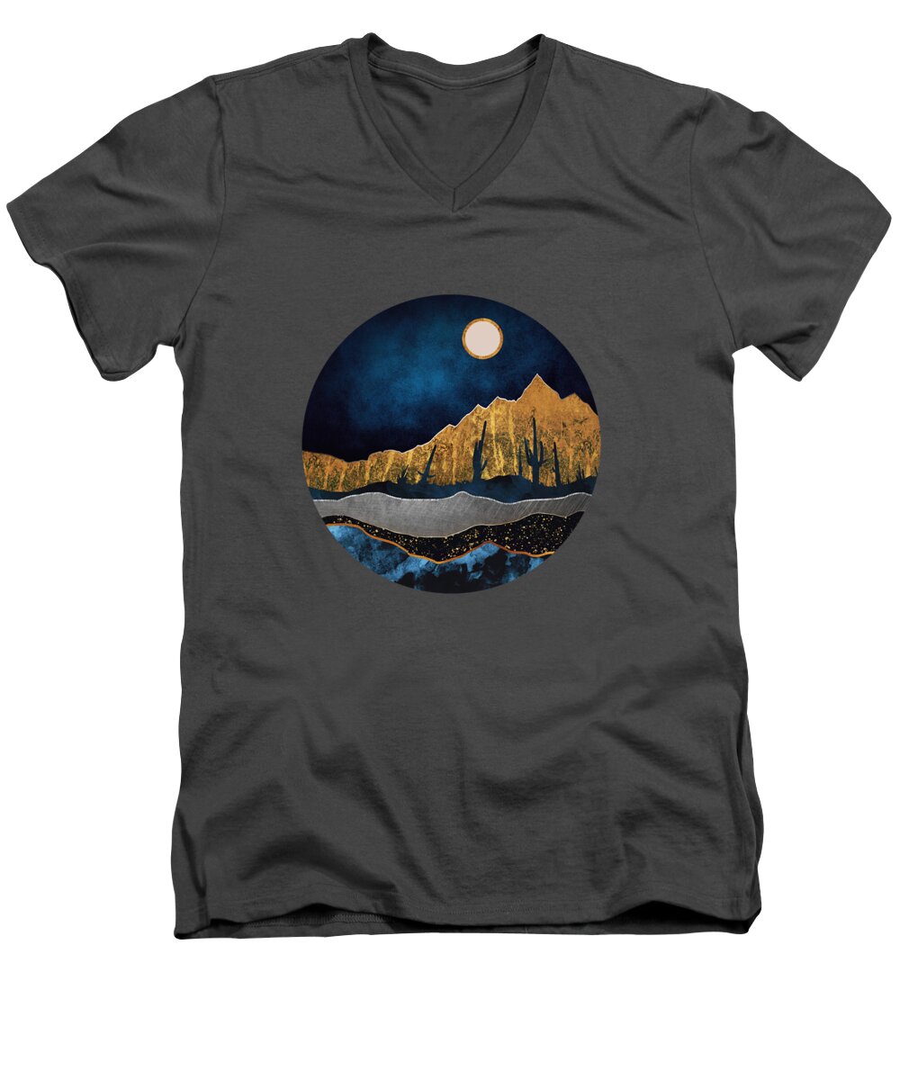 Midnight Men's V-Neck T-Shirt featuring the digital art Midnight Desert Moon by Spacefrog Designs
