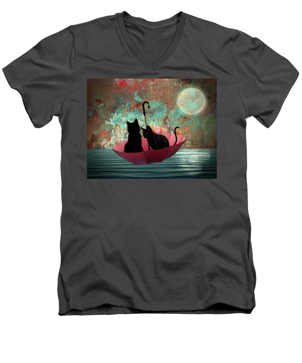 Cat Men's V-Neck T-Shirt featuring the digital art Midnight love 2 by Rumiana Nikolova