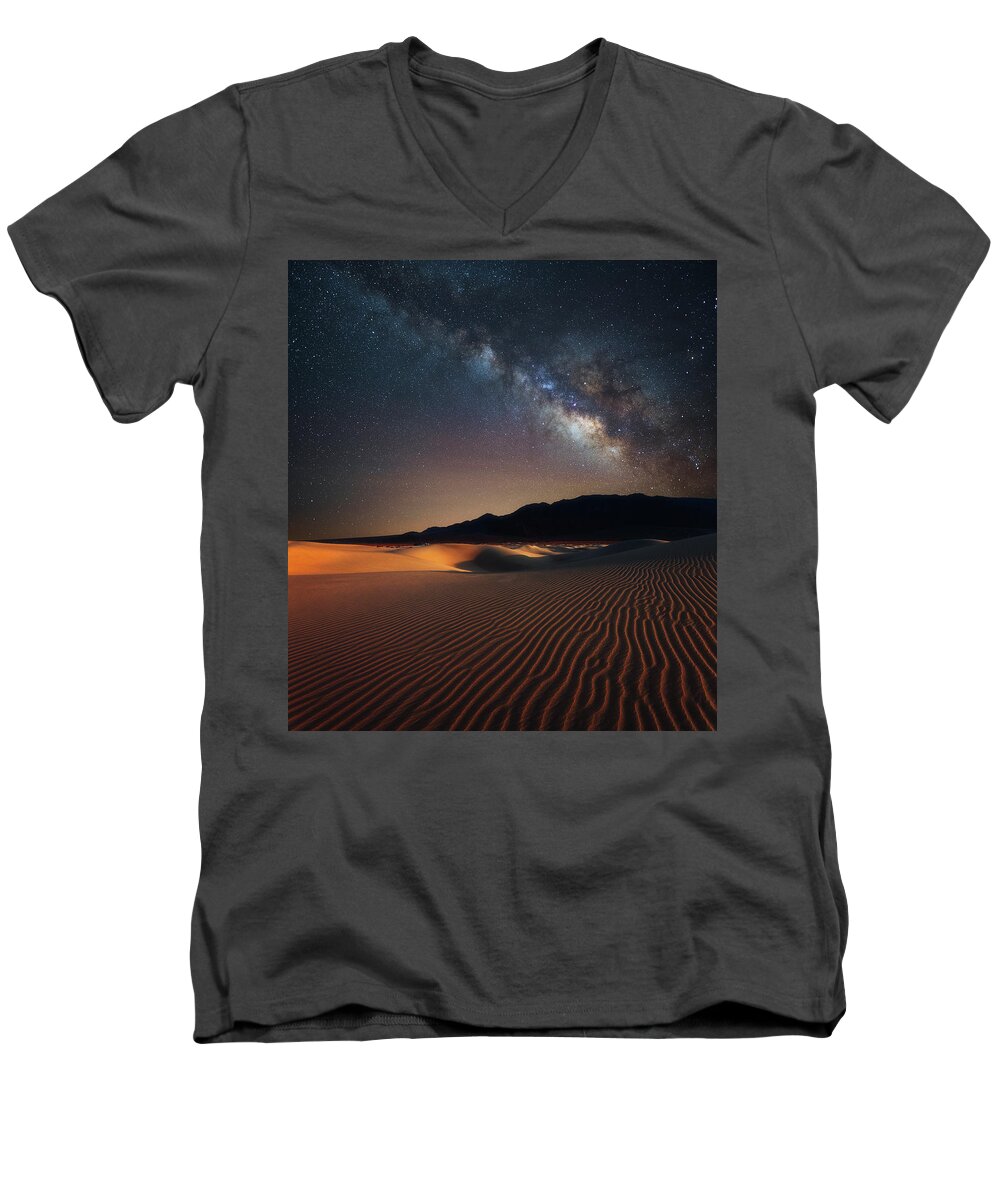 California Men's V-Neck T-Shirt featuring the photograph Milky Way Over Mesquite Dunes by Darren White