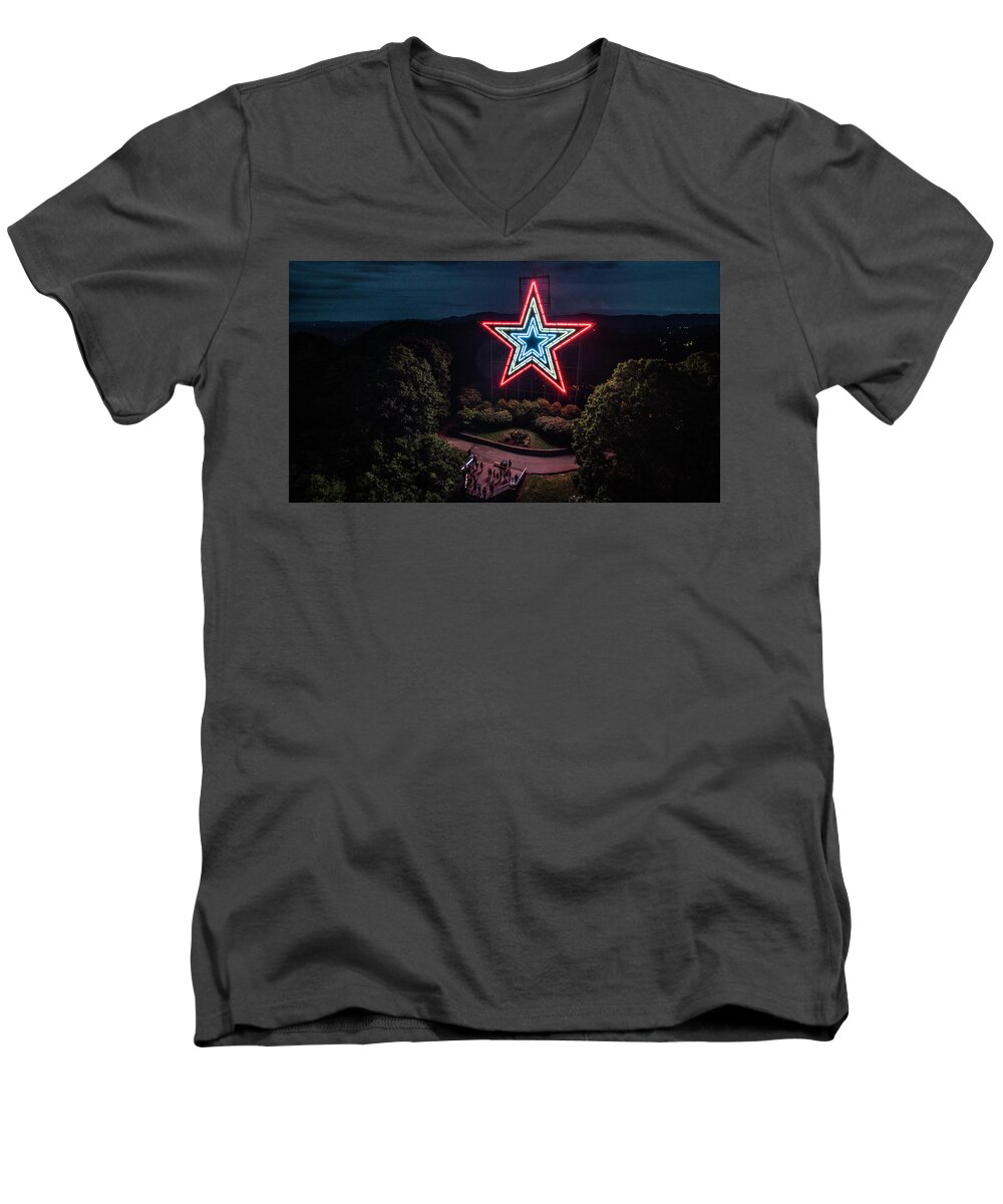 Mill Mountain Men's V-Neck T-Shirt featuring the photograph Mill Mountain at Night by Star City SkyCams