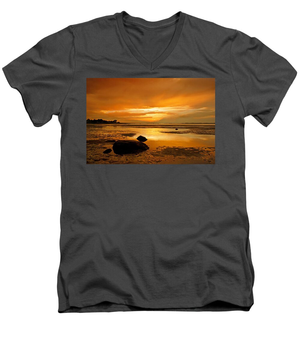 Millway Men's V-Neck T-Shirt featuring the photograph Millway Beach Sunset Barnstable by Charles Harden