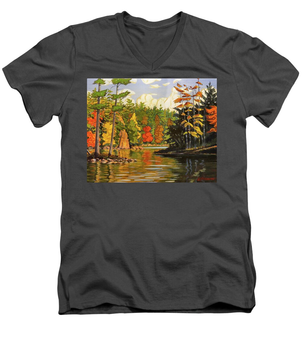 Canada Men's V-Neck T-Shirt featuring the painting Mink Lake Narrows by David Gilmore