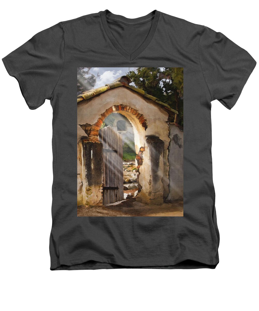 Architecture Men's V-Neck T-Shirt featuring the photograph Mission Gate by Sharon Foster