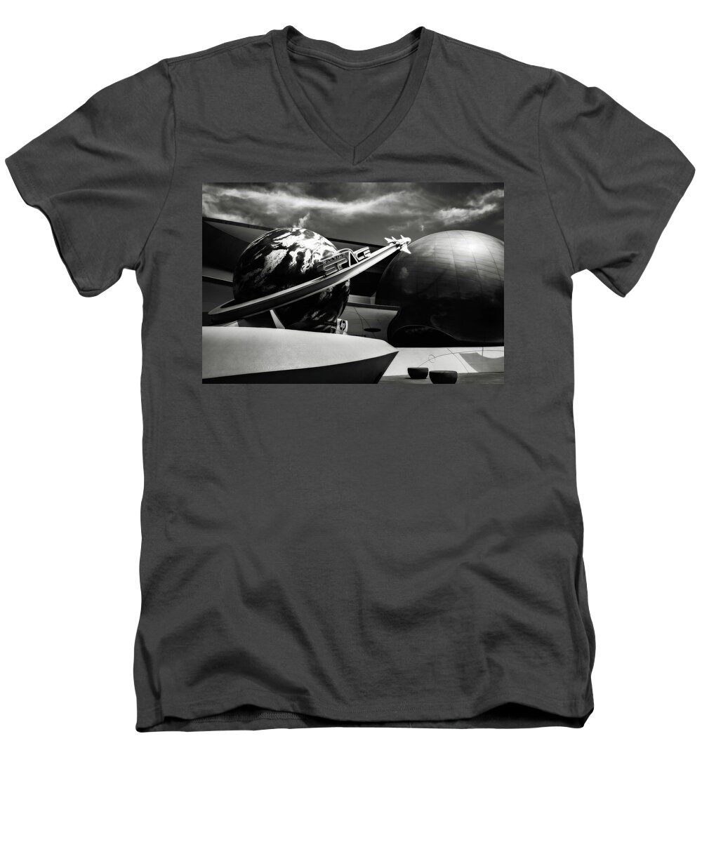 Disney World Men's V-Neck T-Shirt featuring the photograph Mission Space black and white by Eduard Moldoveanu