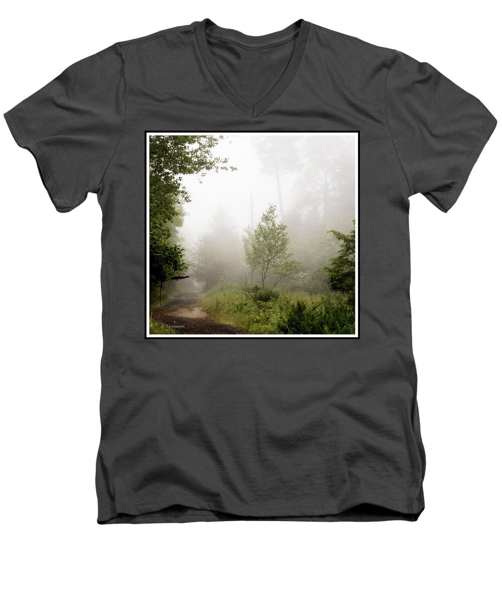 Mist Men's V-Neck T-Shirt featuring the photograph Misty Road at Forest Edge, Pocono Mountains, Pennsylvania by A Macarthur Gurmankin