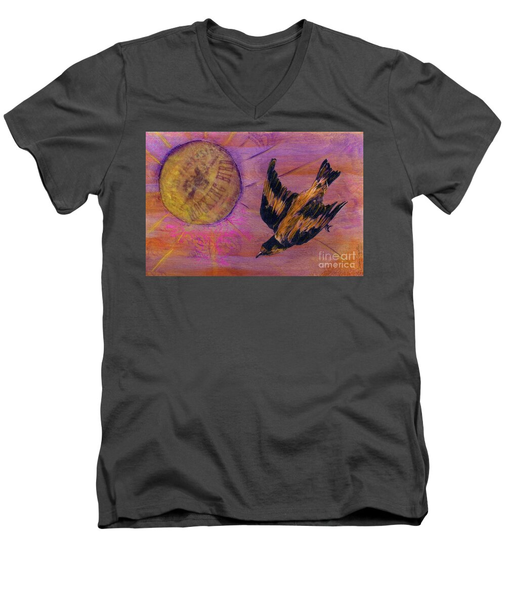 Bird Men's V-Neck T-Shirt featuring the mixed media Mockingbird by Desiree Paquette