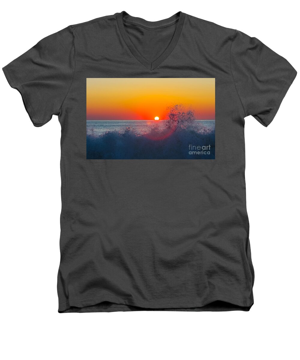 Atlantic Ocean Rehoboth Beach Deleware Nature Sunrise Pier Wave Frothy Sun Red Orange Men's V-Neck T-Shirt featuring the photograph Moment in Time by Allan Levin