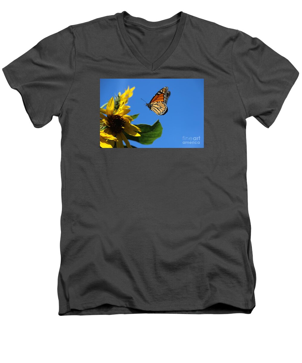 Monarch Men's V-Neck T-Shirt featuring the photograph Monarch and Blue Sky by Yumi Johnson