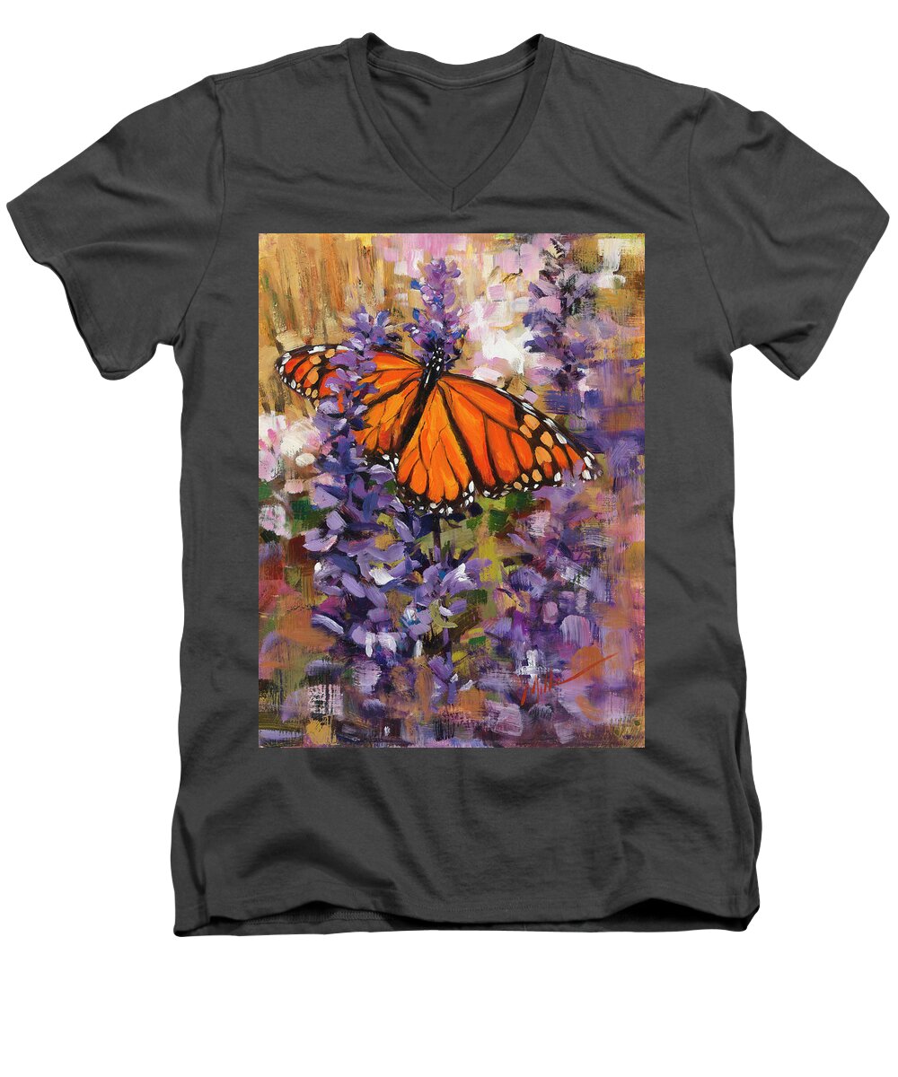Monarch Butterfly Men's V-Neck T-Shirt featuring the painting Monarch by Mark Mille