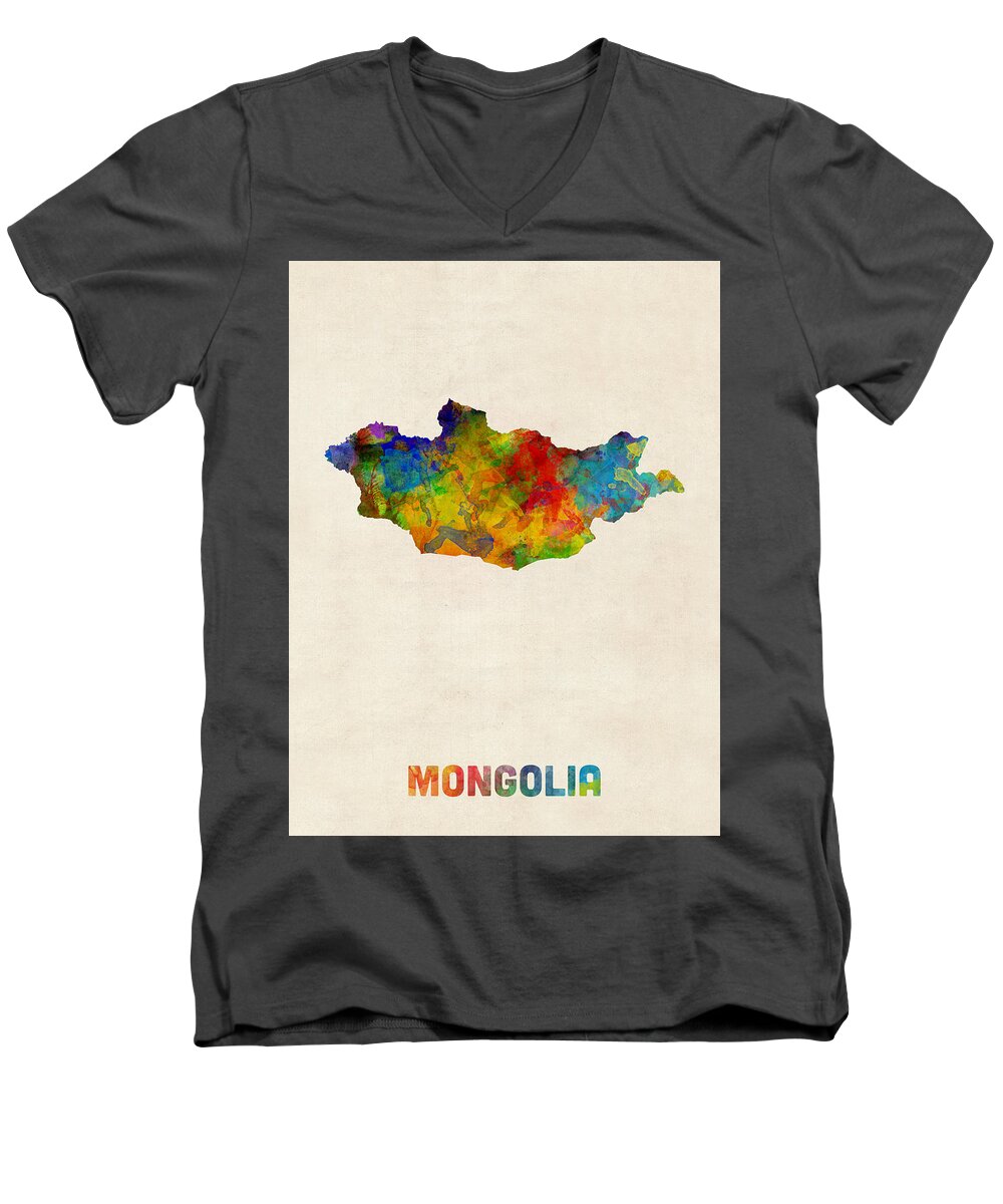 Mongolia Men's V-Neck T-Shirt featuring the digital art Mongolia Watercolor Map by Michael Tompsett