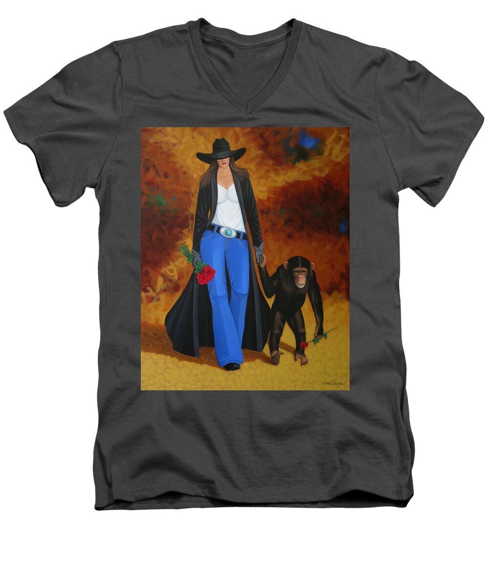 Monkey Men's V-Neck T-Shirt featuring the painting Monkeys Best Friend by Lance Headlee