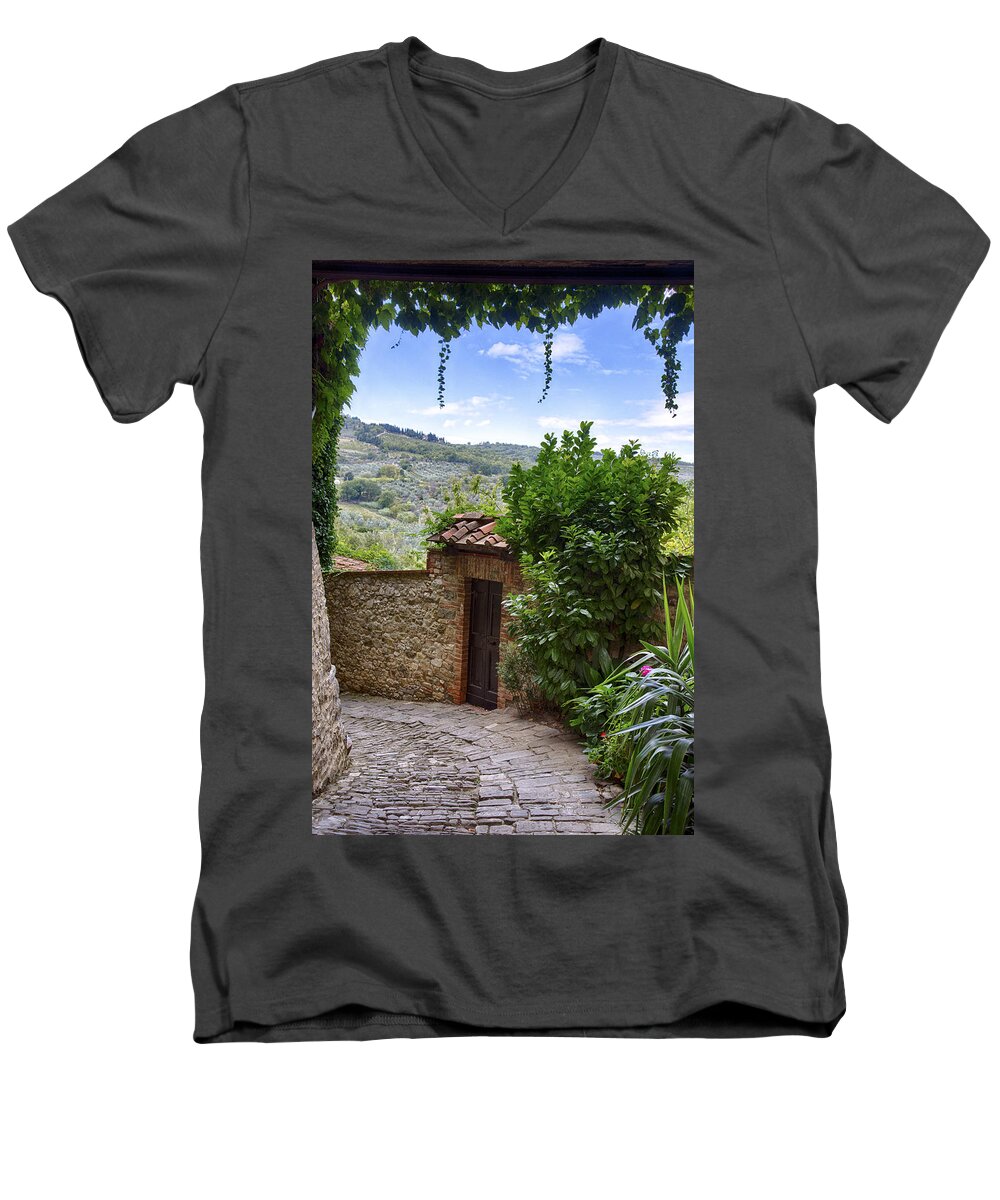 Doorway Men's V-Neck T-Shirt featuring the photograph Montefioralle, Tuscany by Kathy Adams Clark