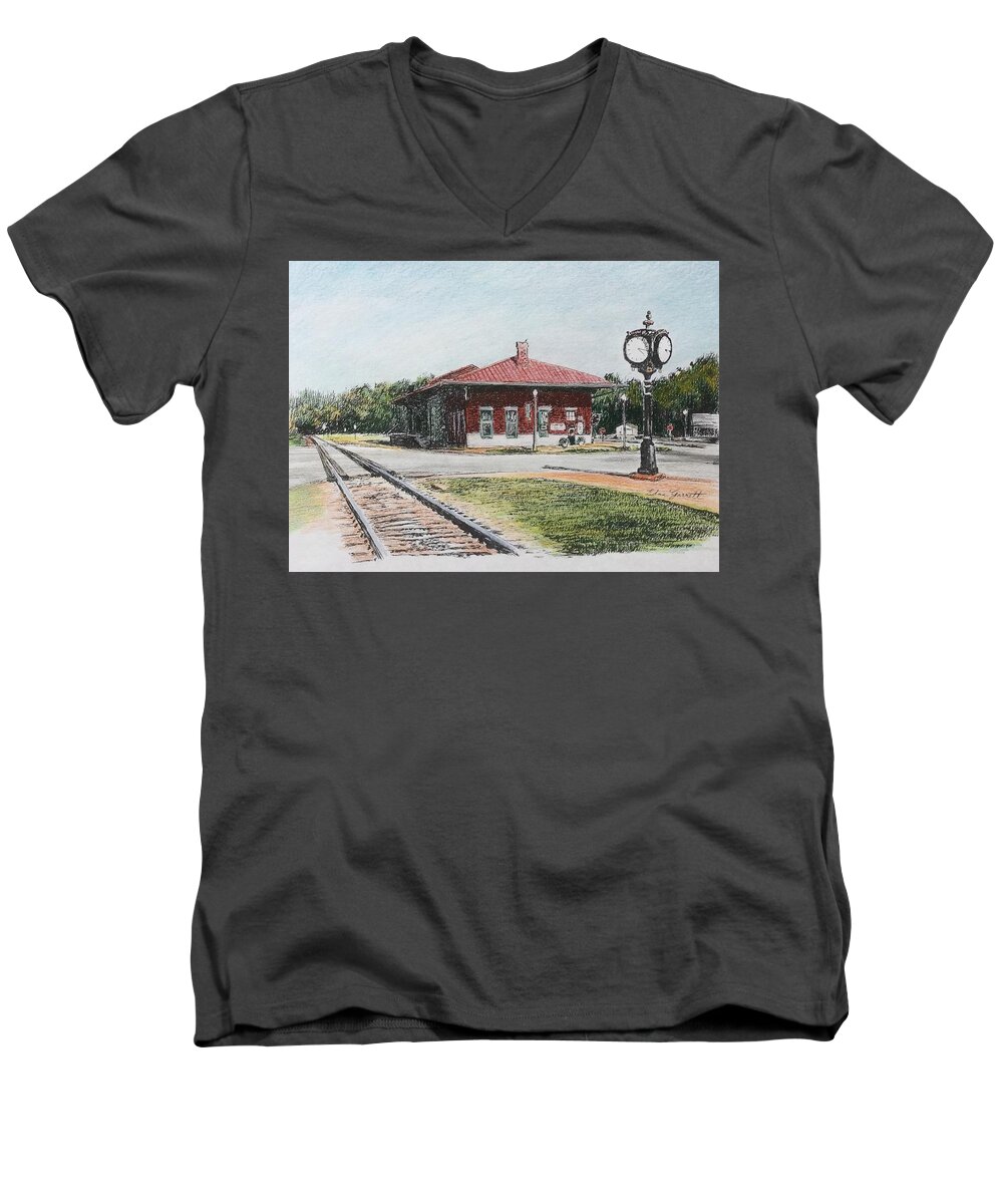 Montezuma Men's V-Neck T-Shirt featuring the drawing Montezuma Train Depot by Edna Garrett