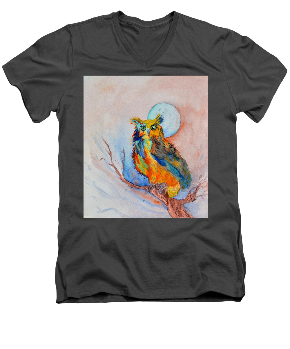 Owl Men's V-Neck T-Shirt featuring the painting Moon Magic Owl by Beverley Harper Tinsley