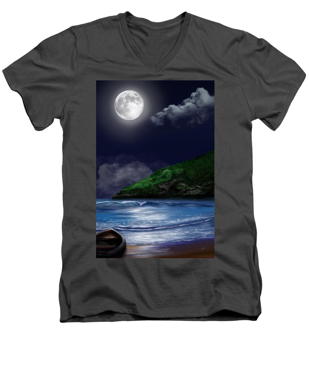 “moon Over The Cove” Men's V-Neck T-Shirt featuring the digital art Moon Over the Cove by Mark Taylor