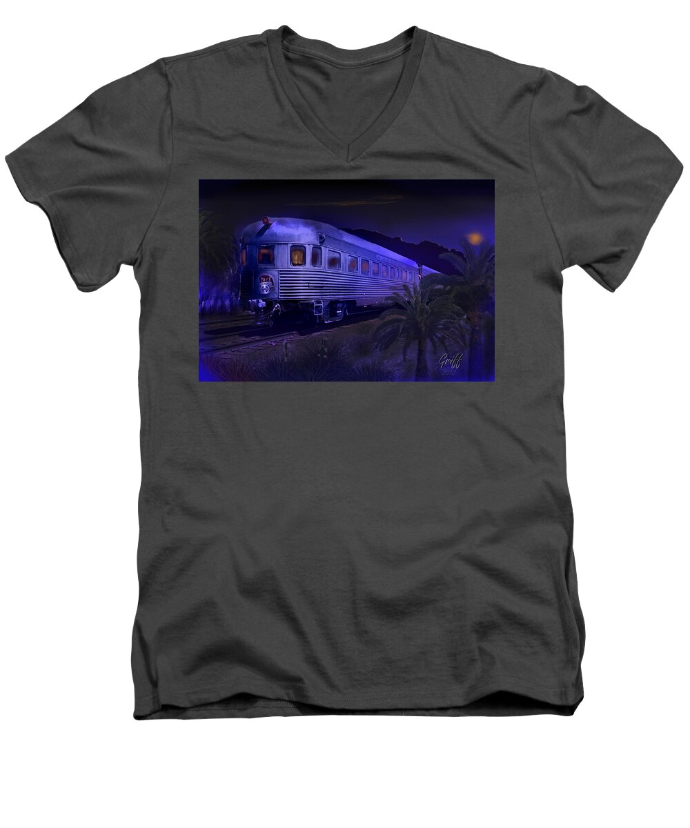 Trains Men's V-Neck T-Shirt featuring the digital art Moonlight on the Sante Fe Chief by J Griff Griffin