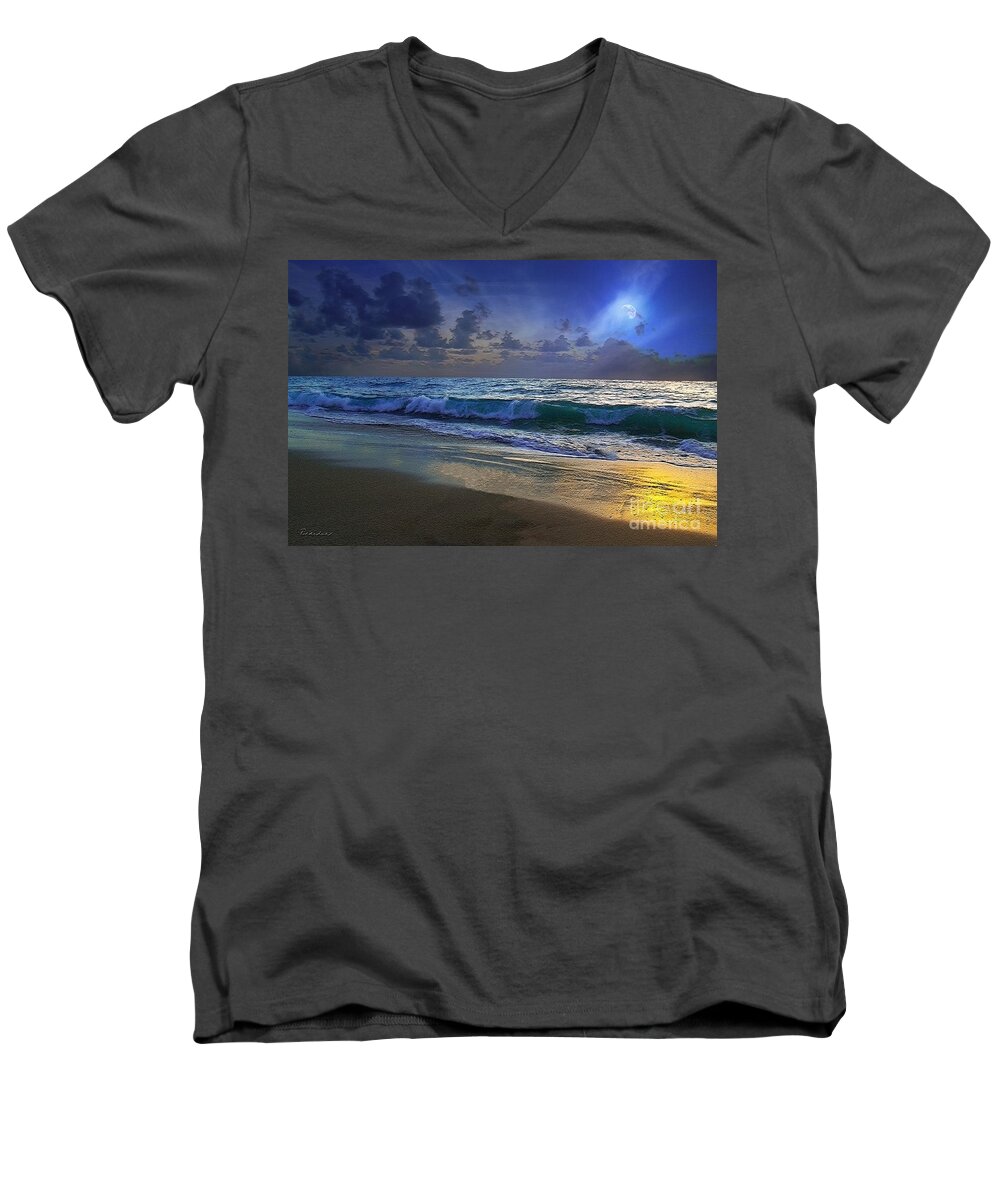 Beach Men's V-Neck T-Shirt featuring the photograph Moonlit Beach Seascape Treasure Coast Florida C4 by Ricardos Creations